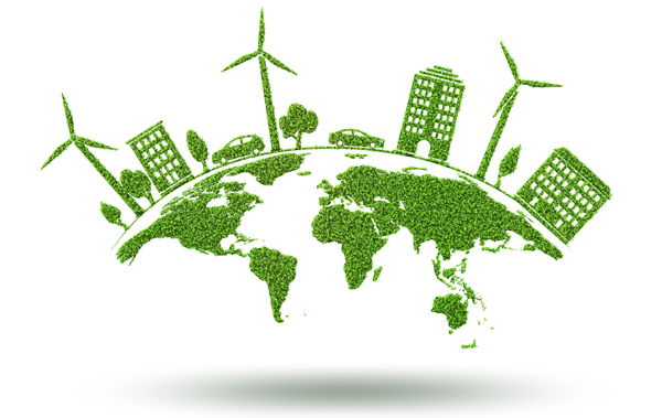 Symbolbild Klimaschutz: Grüne Erde mit Kontinenten, Häusern und Windrädern