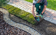 Symbolbild Gartengestaltung: Garten- und Landschaftsbauer beim Verlegen von Rollrasen