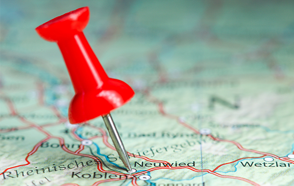 Symbol-Bild für das Kaufkraft-Ranking: Landkarte mit Markierungs-Pin auf Neuwied