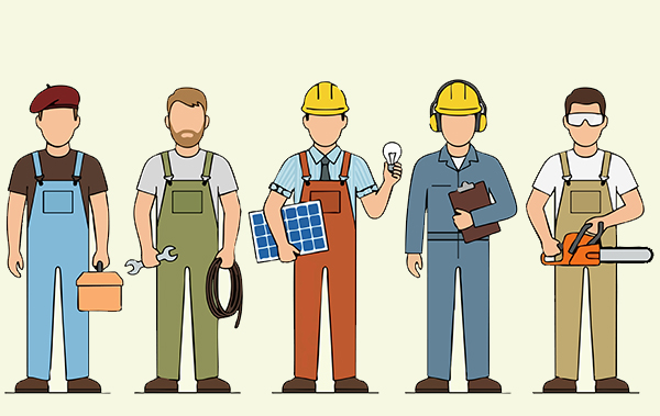 Symbol-Bild für Handwerkerleistungen: 5 Figuren mit Werkzeug repräsentieren die unterschiedlichen Gewerke