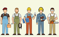 Symbol-Bild für Handwerkerleistungen: 5 Figuren mit Werkzeug repräsentieren die unterschiedlichen Gewerke