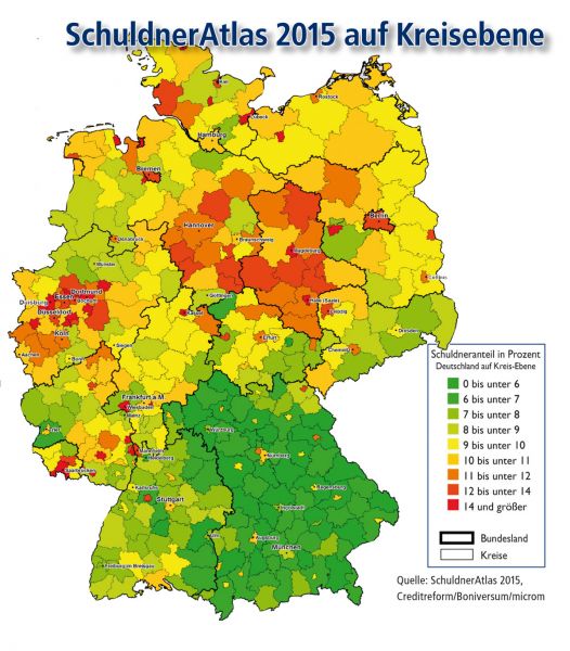 Übersichtskarte: Die Schuldnerquote in Deutschland - nach Städten und Landkreisen.